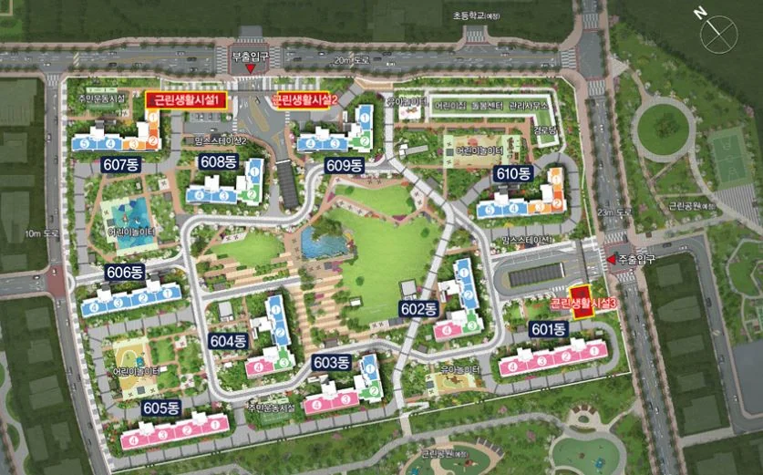 메디스파크 단지 배치도 (601~610동) — 단지 내 근린생활시설 위치와 단지 외곽 상가 진입 동선
